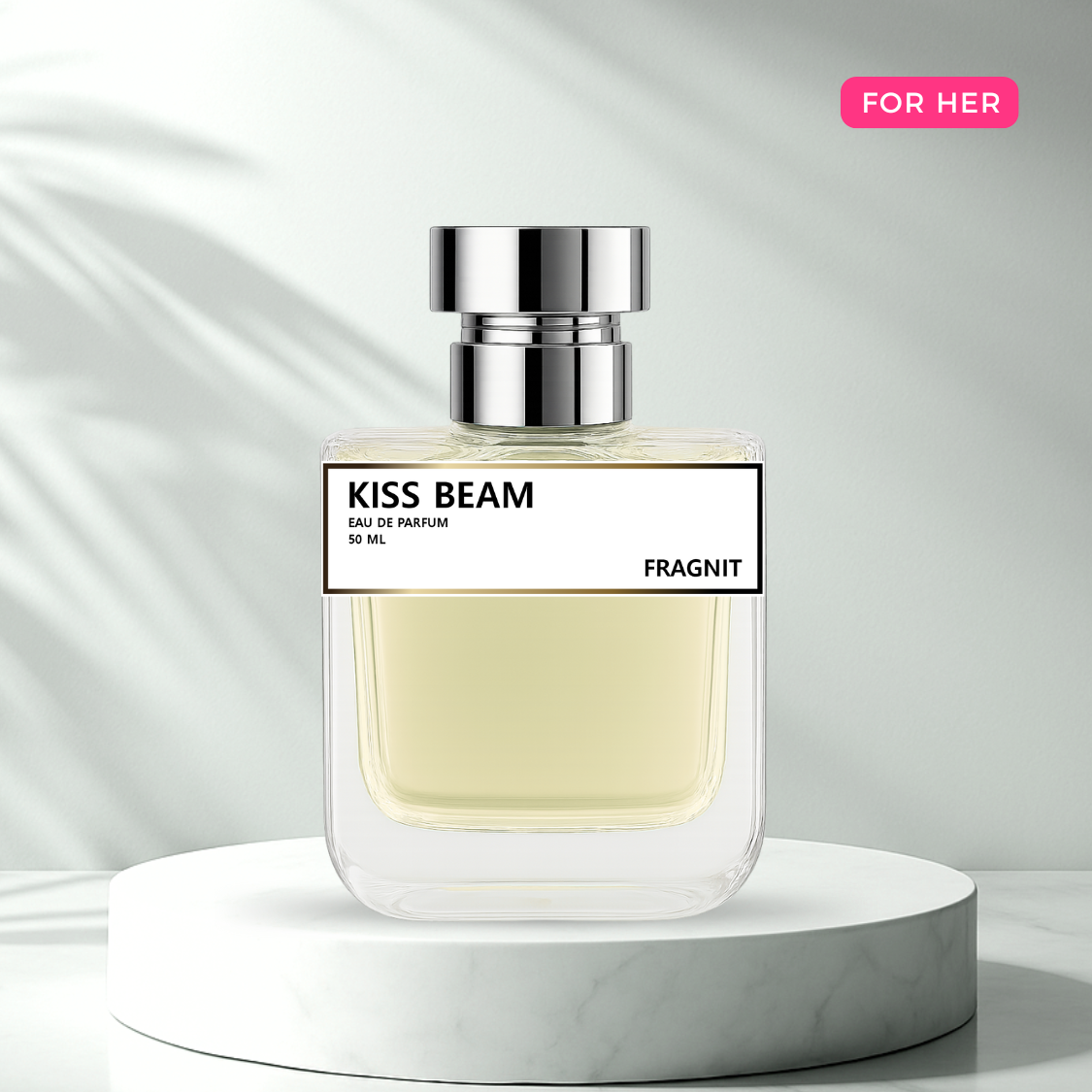 Kiss Beam by Fragnit – Fruity Floral Women’s Perfume Bottle with Soft Pink Background