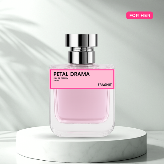Petal Drama by Fragnit – Floral Fruity Women’s Perfume Bottle with Elegant Pink Background