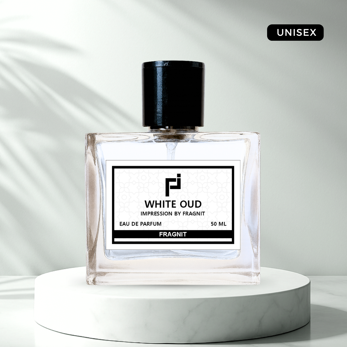 White Oud by Fragnit – Soft Amber Woody Unisex Perfume Bottle on Minimal Luxury Background