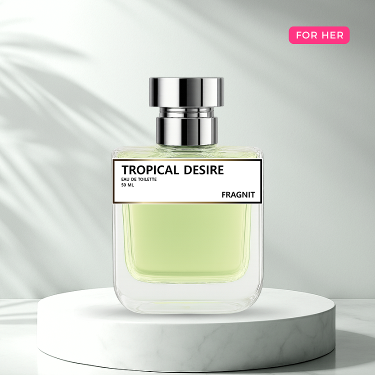 Tropical Desire by Fragnit – Fruity Sweet Women’s Perfume Bottle with Vibrant Tropical Background