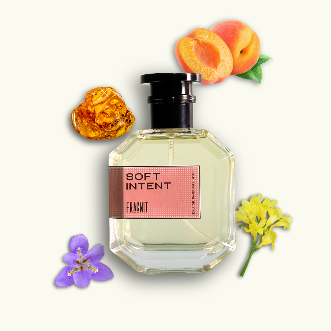 Soft Intent by Fragnit – Powdery Woody Floral Women’s Perfume Bottle with Elegant Neutral Background