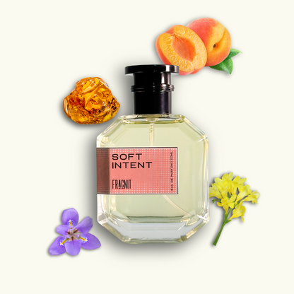 Soft Intent by Fragnit – Powdery Woody Floral Women’s Perfume Bottle with Elegant Neutral Background