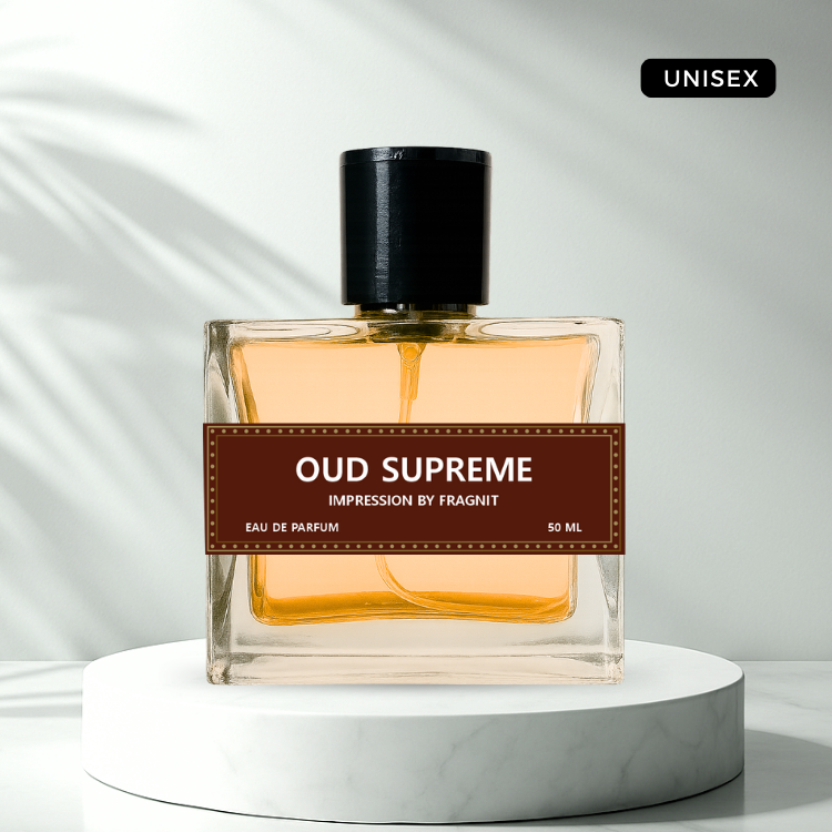 Oud Supreme by Fragnit – Arabic Amber Oud Perfume Bottle with Deep Golden Background