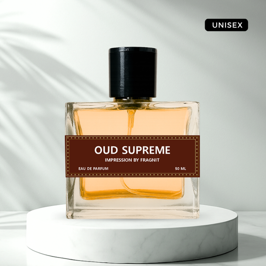 Oud Supreme by Fragnit – Arabic Amber Oud Perfume Bottle with Deep Golden Background